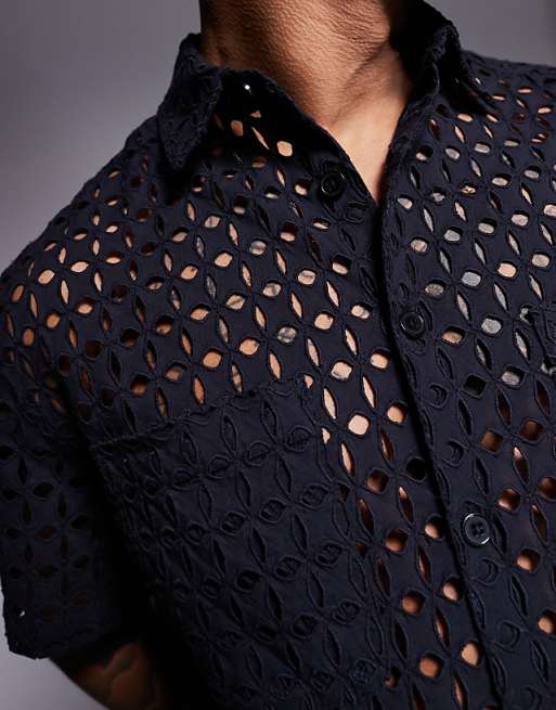 DESIGN Premium Boxy Oversized Broderie Shirt In Black