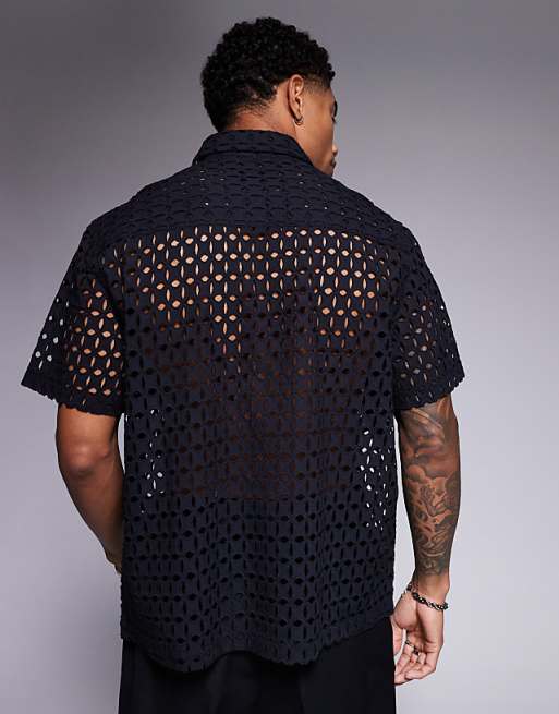 DESIGN Premium Boxy Oversized Broderie Shirt In Black
