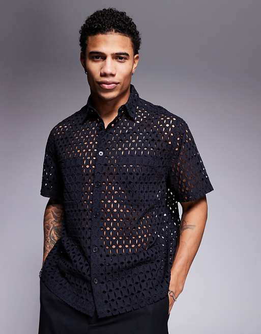 DESIGN premium boxy oversized broderie shirt in black