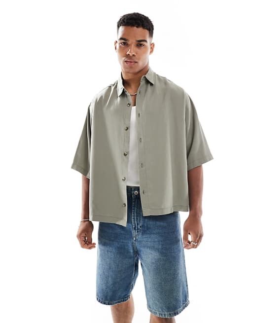 DESIGN premium boxy oversized shirt in khaki