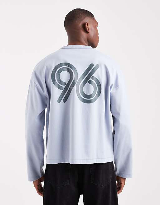 DESIGN premium heavyweight 330gsm boxy oversized long sleeve t-shirt with number graphic in light blue