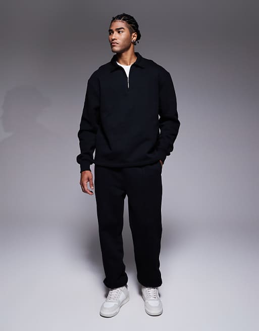 DESIGN Premium Heavyweight Co-ord Oversized Collared Quarter Zip Sweatshirt In Black