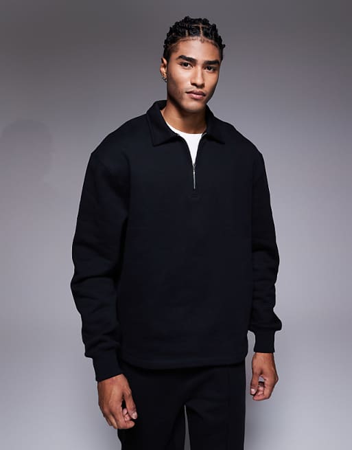 DESIGN premium heavyweight co-ord oversized collared quarter zip sweatshirt in black