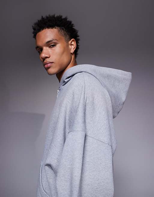DESIGN Premium Heavyweight Extreme Oversized Zip Through Hoodie In 400gsm Grey Marl