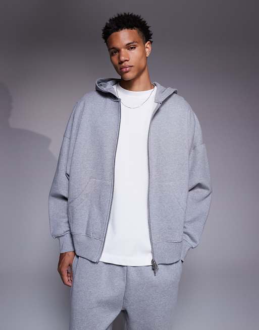 DESIGN premium heavyweight extreme oversized zip through hoodie in 400gsm grey marl