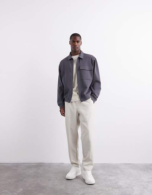 DESIGN Premium Heavyweight Oversized Zip Through Jersey Shacket In 400gsms In Charcoal