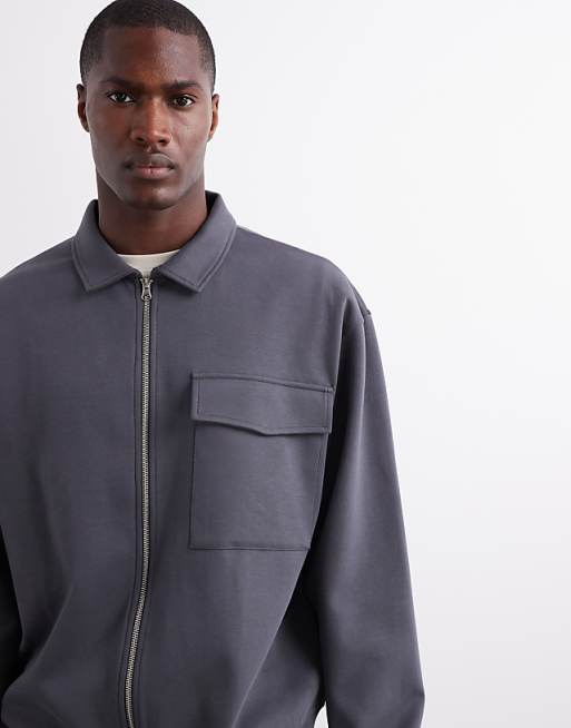 DESIGN Premium Heavyweight Oversized Zip Through Jersey Shacket In 400gsms In Charcoal