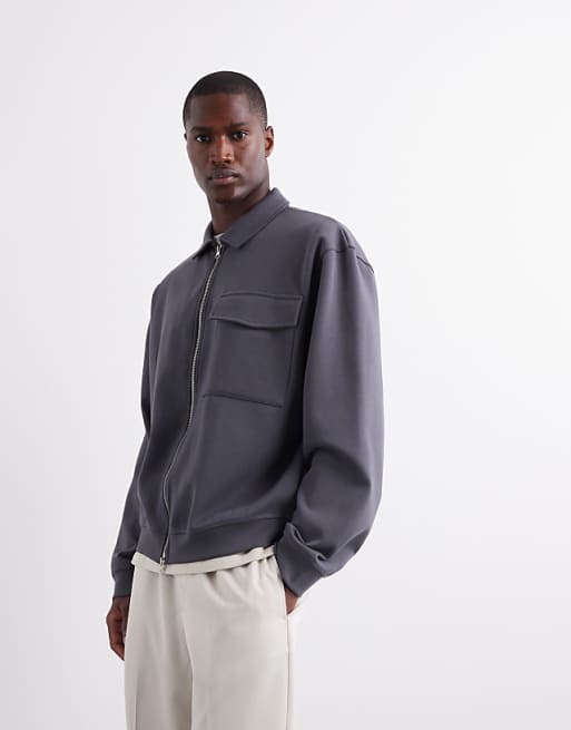 DESIGN premium heavyweight oversized zip through jersey shacket in 400gsms in charcoal