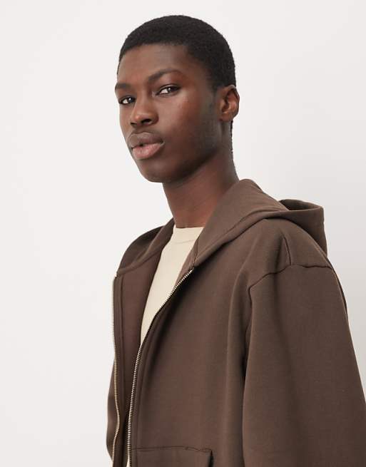 DESIGN Premium Heavyweight Ovesized Boxy Zip Through Hoodie In 400gsms In Brown