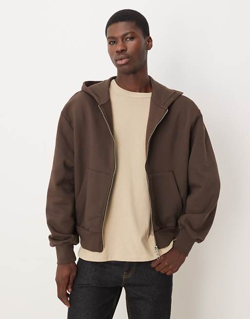 DESIGN premium heavyweight ovesized boxy zip through hoodie in 400gsms in brown