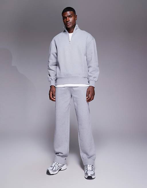 DESIGN premium heavyweight straight leg joggers in 400gsm in grey marl