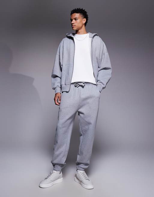DESIGN premium heavyweight tapered joggers in 400gsm in grey marl