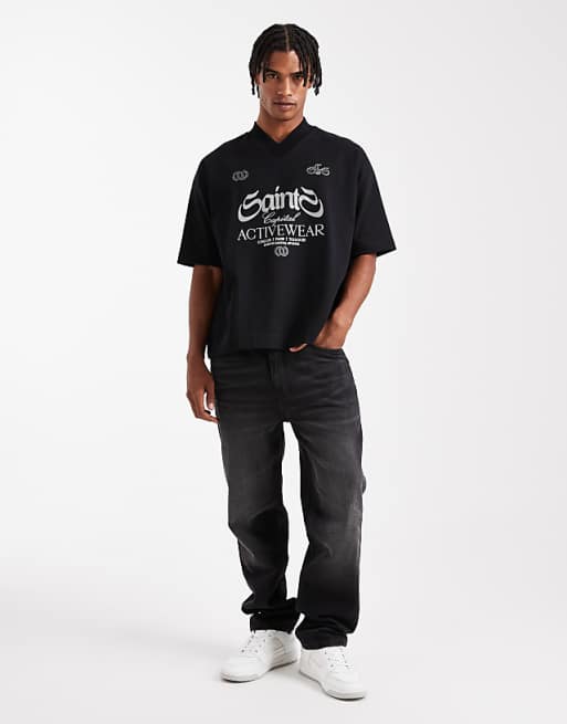 DESIGN Premium Interlock Boxy Oversized T-shirt With V Neck And Sports Graphic In Black