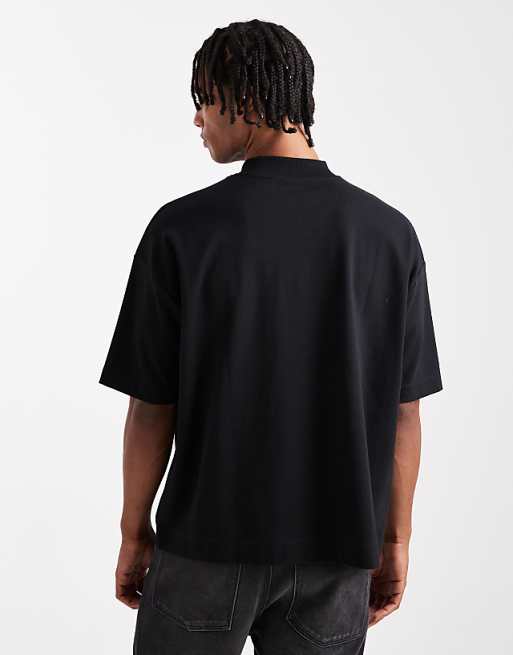 DESIGN Premium Interlock Boxy Oversized T-shirt With V Neck And Sports Graphic In Black