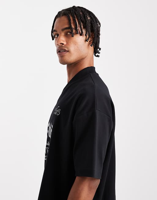 DESIGN Premium Interlock Boxy Oversized T-shirt With V Neck And Sports Graphic In Black