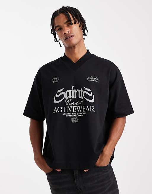 DESIGN premium interlock boxy oversized t-shirt with v neck and sports graphic in black