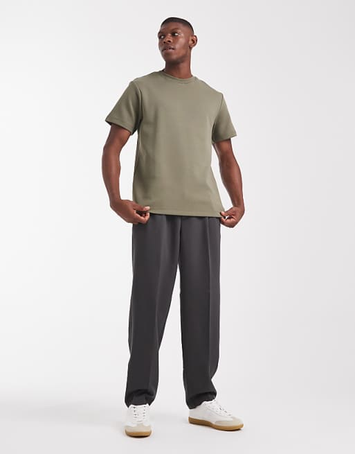 DESIGN Premium Interlock Crew Neck T-shirt In Khaki