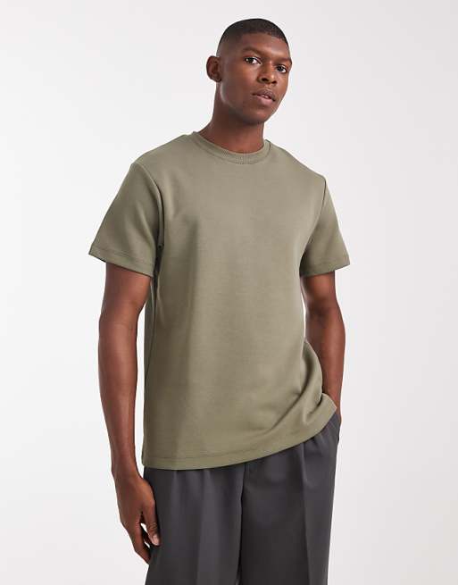 DESIGN premium interlock crew neck t-shirt in khaki
