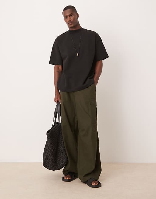 DESIGN Premium Interlock Oversized Dropped Shoulder High Neck T-shirt In Black