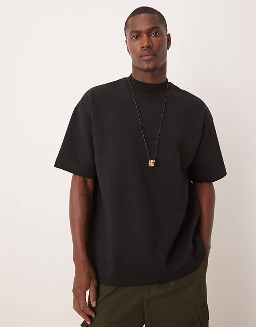 DESIGN premium interlock oversized dropped shoulder high neck t-shirt in black