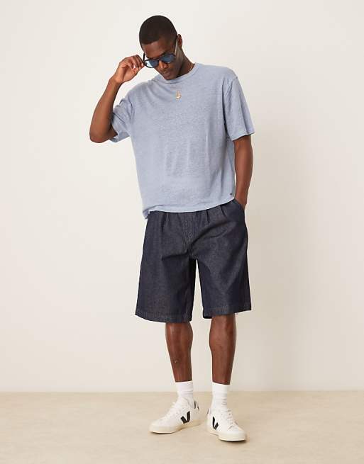 DESIGN Premium Linen Relaxed Boxy T-shirt In Blue