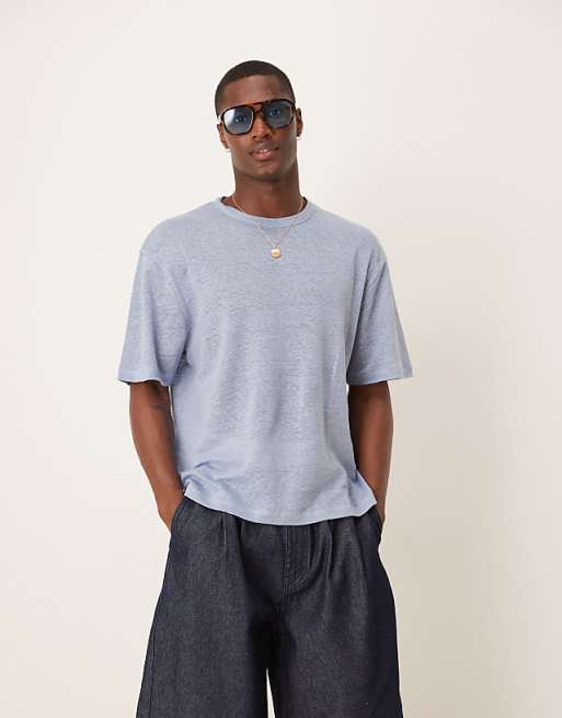 DESIGN Premium linen relaxed boxy t-shirt in blue