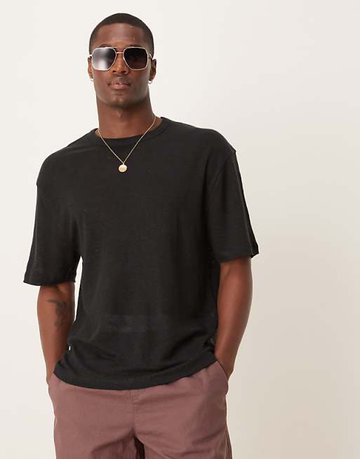 DESIGN Premium linen relaxed boxy t-shirt in black