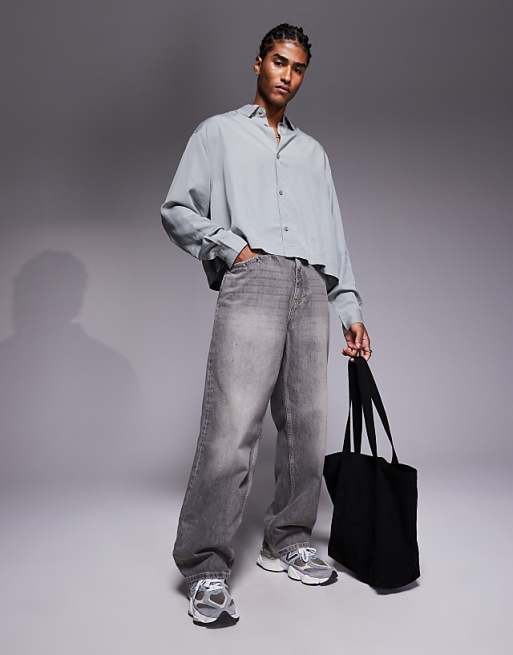 DESIGN Premium Oversized Cropped Shirt In Grey
