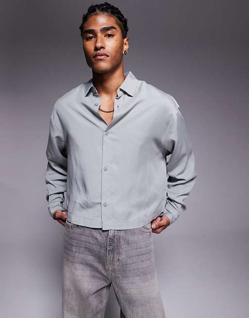 DESIGN premium oversized cropped shirt in grey