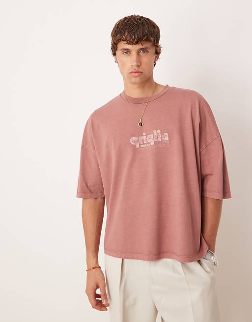 DESIGN Premium Oversized Heavyweight T-shirt With Print In Washed Brown
