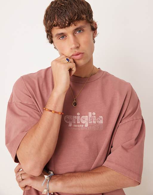 DESIGN premium oversized heavyweight t-shirt with print in washed brown