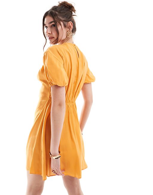 DESIGN Puff Sleeve Mini Smock Dress With Ruching Detail In Copper