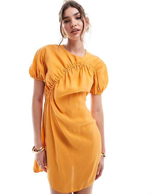 DESIGN Puff Sleeve Mini Smock Dress With Ruching Detail In Copper