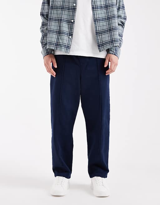 DESIGN Pull On Tapered Pintuck Trousers In Navy
