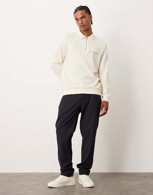 DESIGN Quarter Zip Sweatshirt With Collar And Chest Print In Ecru