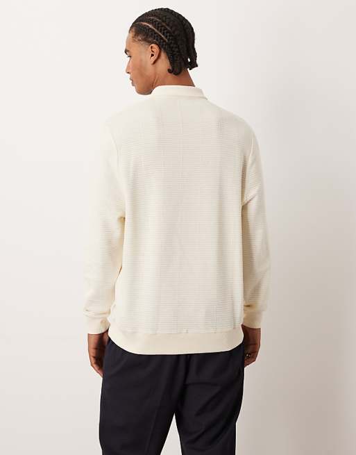 DESIGN Quarter Zip Sweatshirt With Collar And Chest Print In Ecru