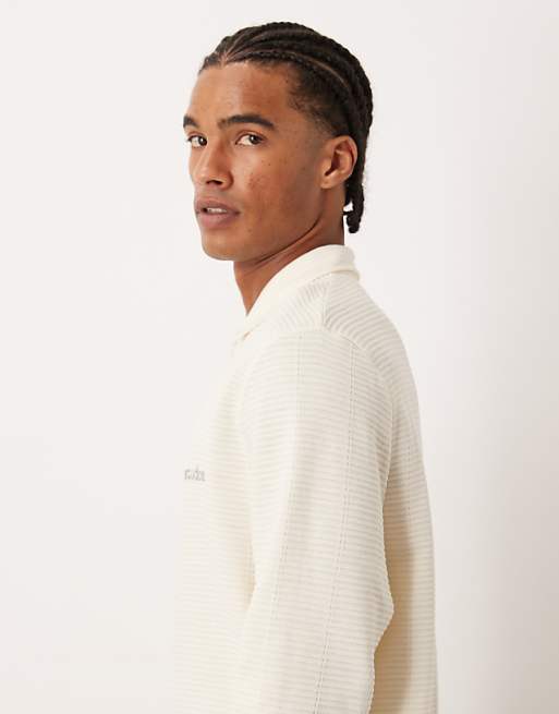 DESIGN Quarter Zip Sweatshirt With Collar And Chest Print In Ecru