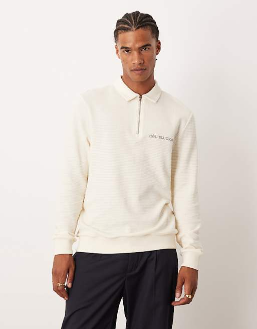 DESIGN quarter zip sweatshirt with collar and chest print in ecru