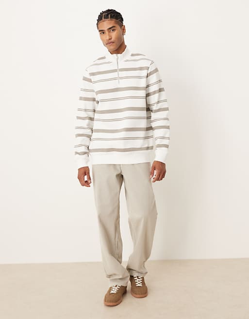DESIGN Quarter Zip Sweatshirt With Stripes In Ecru