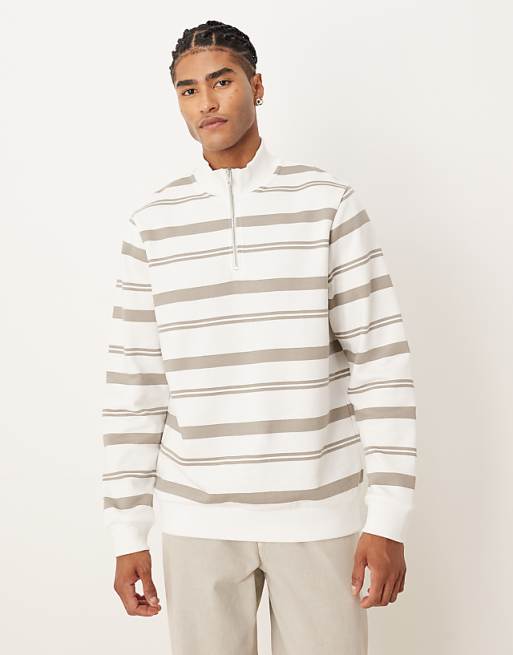 DESIGN quarter zip sweatshirt with stripes in ecru