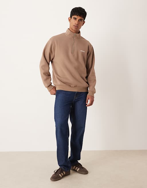 DESIGN Quarter Zip Sweatshirt With Text Chest Print In Brown
