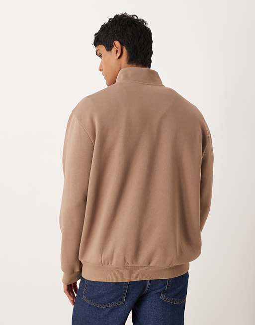 DESIGN Quarter Zip Sweatshirt With Text Chest Print In Brown