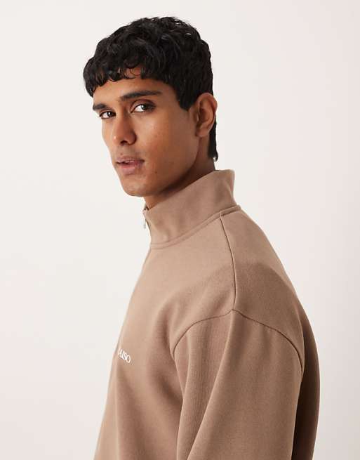 DESIGN Quarter Zip Sweatshirt With Text Chest Print In Brown