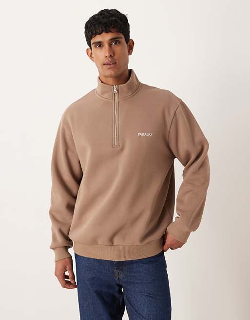DESIGN quarter zip sweatshirt with text chest print in brown