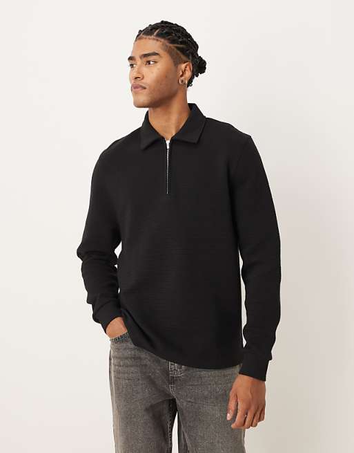 DESIGN Quarter Zip With Ribbed Collar In Black