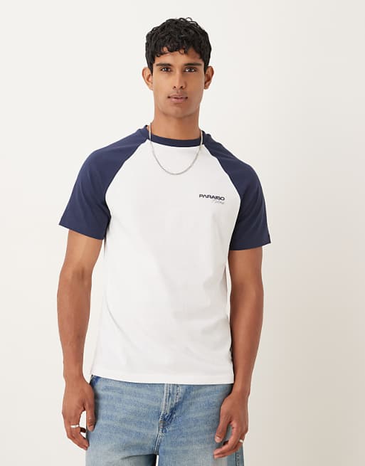 DESIGN raglan t-shirt with chest graphic in white and navy