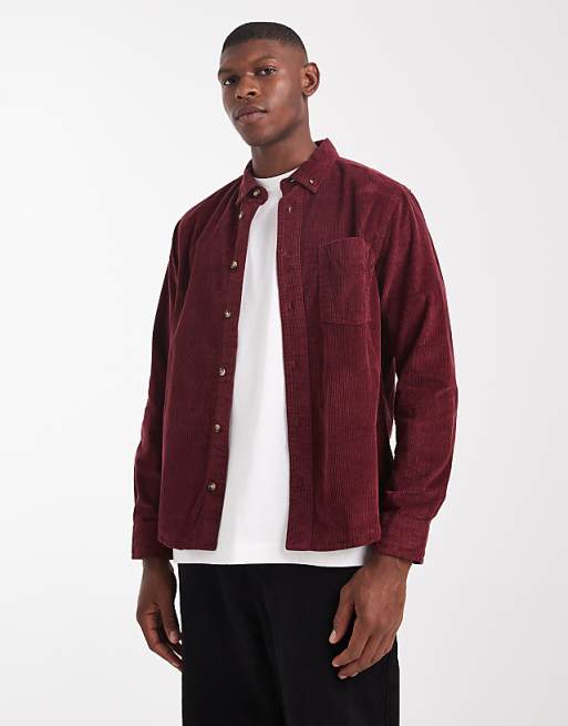 DESIGN regular cord shirt in burgundy
