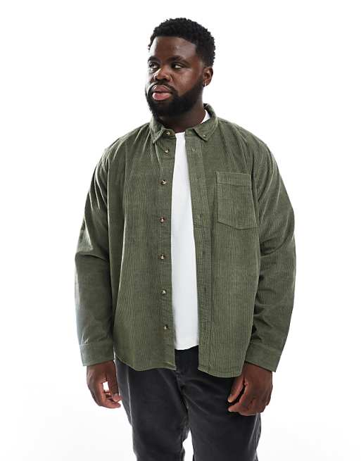 DESIGN Regular Cord Shirt In Dark Green
