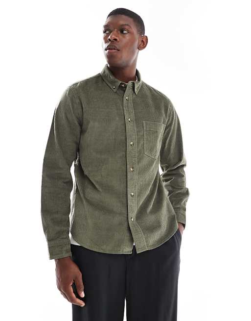 DESIGN regular cord shirt in dark green