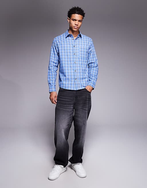 DESIGN Regular Fit Check Shirt In Blue